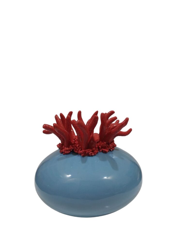 CDAC0439AR CENTRO D'ARTE CRYSTAL PROFUMATORE TONDO CORALLI PORC. 10CM AZZURRO DEC. ROSSO