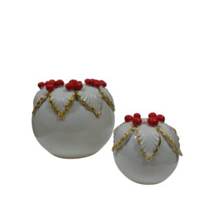 CDAC0821BOR CENTRO D'ARTE CRYSTAL SET 2 PORTACANDELA PORCELLANA BIANCO/ORO CON BACCHE ROSSE