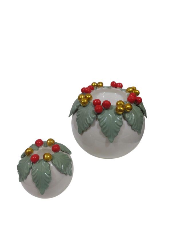 Set 2 portacandela Natale porc. foglie verdi bacche oro e rosse - immagine 2
